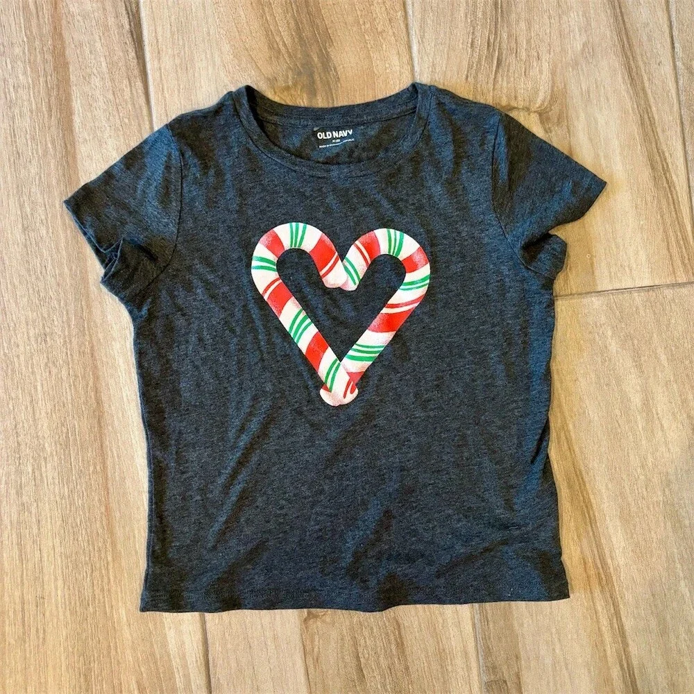 Old Navy Girls Graphic T-Shirt Heather Gray Candy Cane Heart Christmas M
